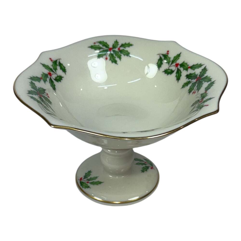 Lenox Holly & Berry Pedestal Holiday Compote Dish Christmas 24K Gold Vintage